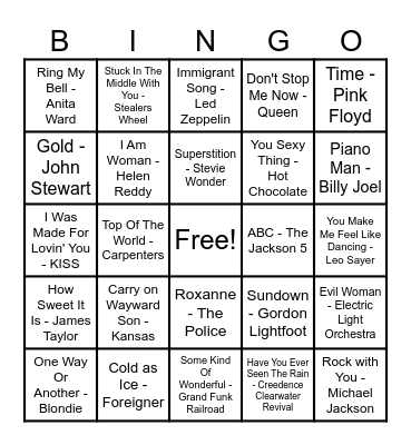 70's Hits! Bingo Card