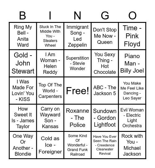 70's Hits! Bingo Card