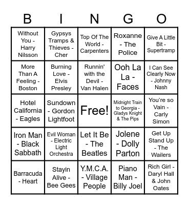 70's Hits! Bingo Card