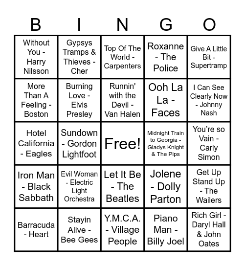 70's Hits! Bingo Card