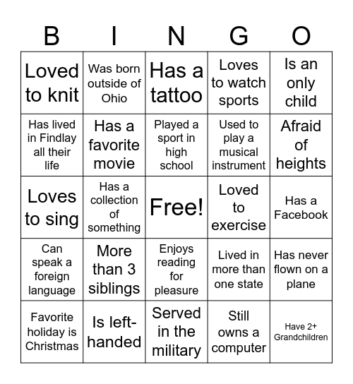 About Me Bingo Card