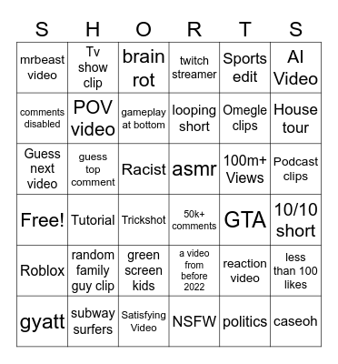 Youtube Shorts Bingo Card