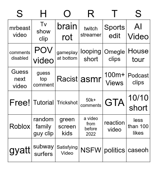 Youtube Shorts Bingo Card