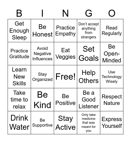 Healthy Choices Bingo Card