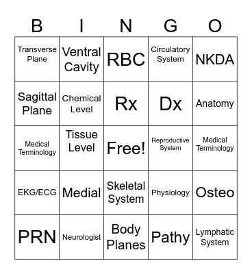 Medical Terminology Bingo Card