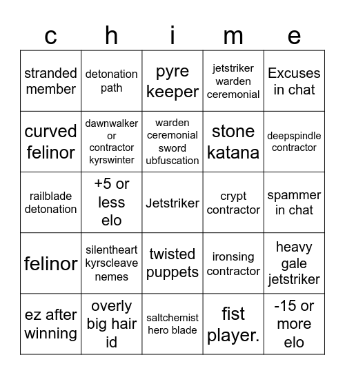 CHIME CHART Bingo Card