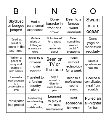 Never Have I Ever... Bingo Card