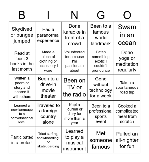 Never Have I Ever... Bingo Card