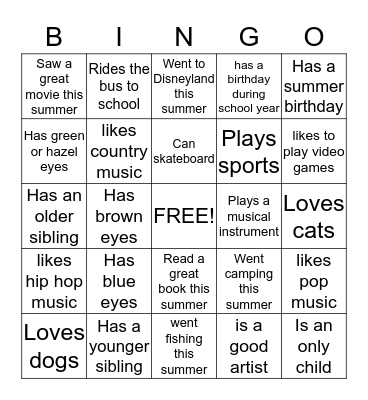 Back to school BINGO Card