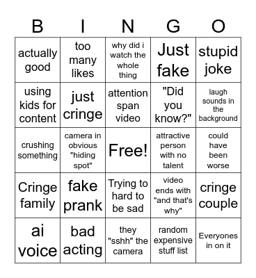 youtube shorts Bingo Card