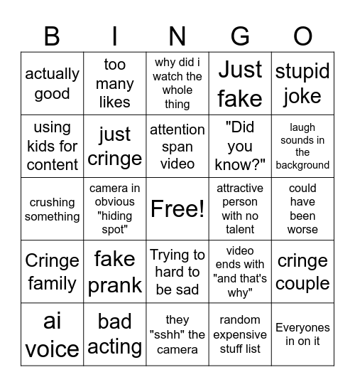 youtube shorts Bingo Card