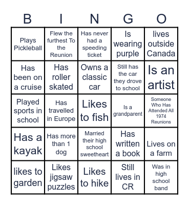 1974 Reunion Bingo. Each person can sign 1 square Bingo Card