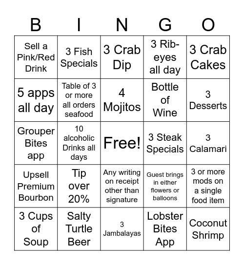 Waiter Bringo Bingo Card