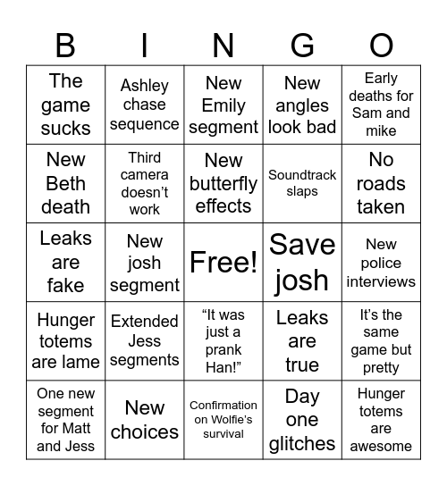 UNTIL DAWN REMAKE Bingo Card