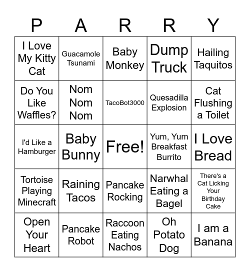 Parry Gripp Express Bingo Card