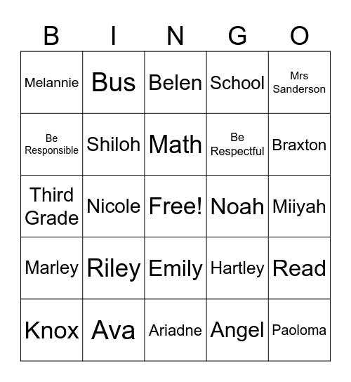 Third Grade Bingo Card
