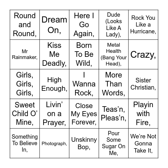 Hair Bands Bingo Card