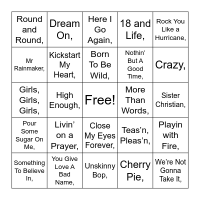 Hair Bands Bingo Card