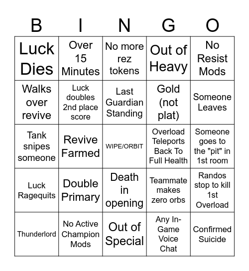 GM Fireteam Finder Bingo Card