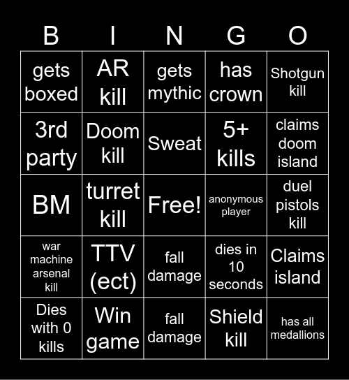 Fortnite Bingo Chapter 5 season 4 Bingo Card