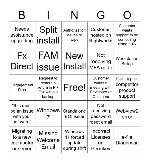 Tech Support Bingo Card