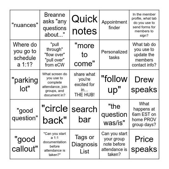 Groups: The HUB Training Bingo Card