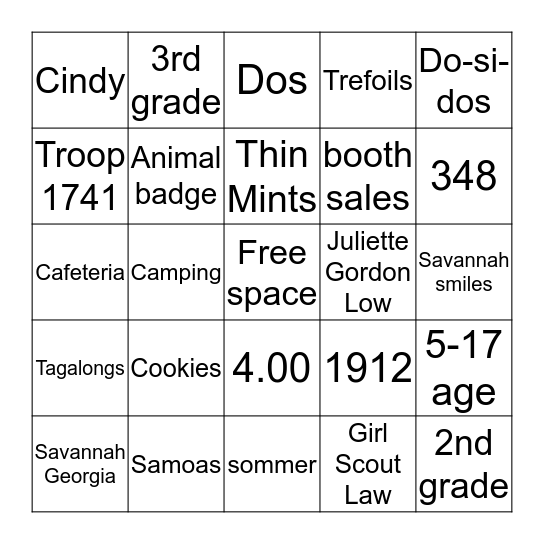 Girl Scouts Bingo Card