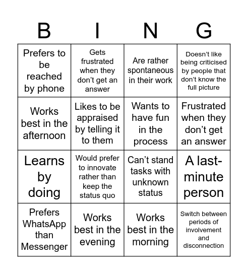 NB Transition Bingo Card