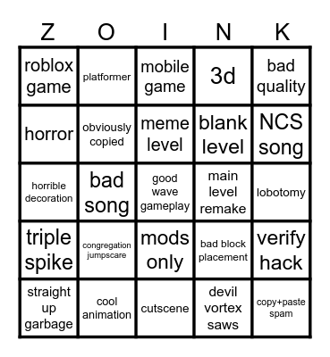 Geometry Dash Bingo Card