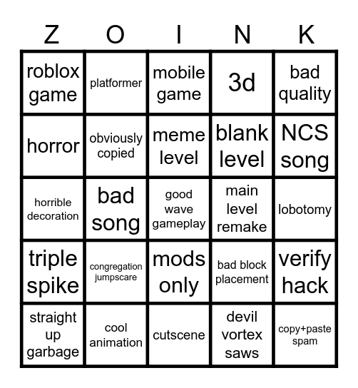 Geometry Dash Bingo Card