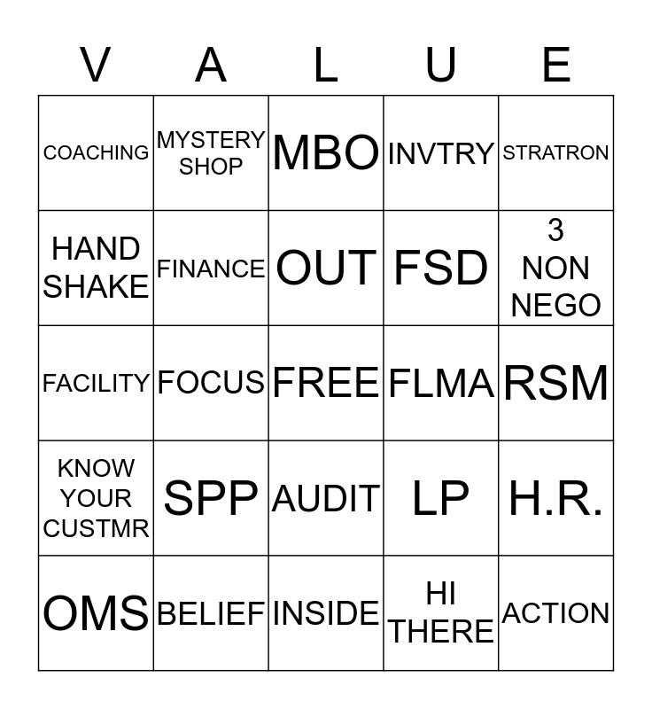 CORE VALUE Bingo Card