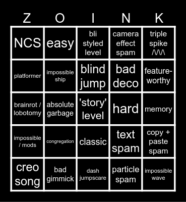 Geometry Dash | Recent Tab Bingo Card