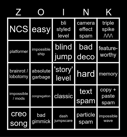 Geometry Dash | Recent Tab Bingo Card