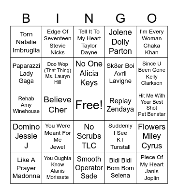 Ladies Night Music Bingo Card