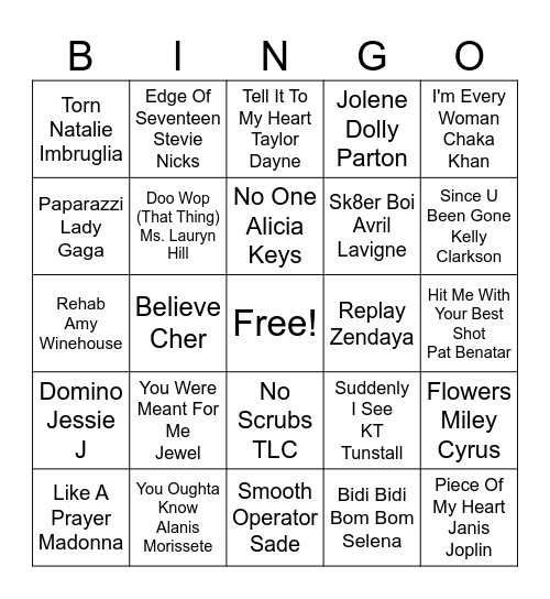 Ladies Night Music Bingo Card