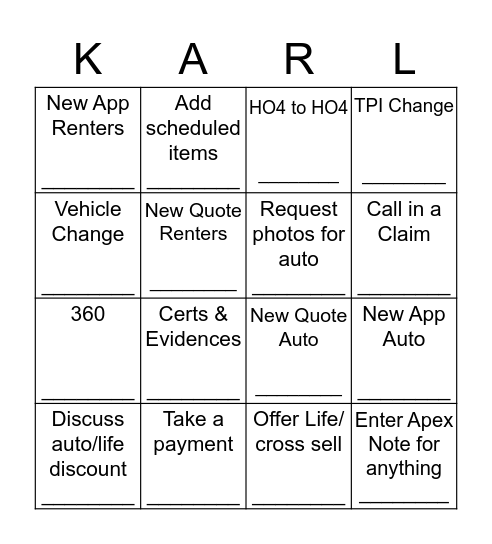 Karl Bingo Card