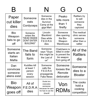 Last Of US Event Bingo Card