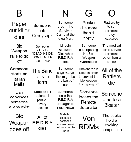 Last Of US Event Bingo Card