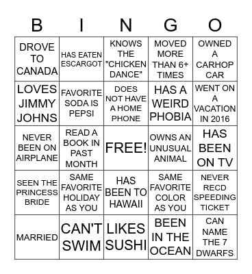 Get to know your Co-workers BINGO! Bingo Card