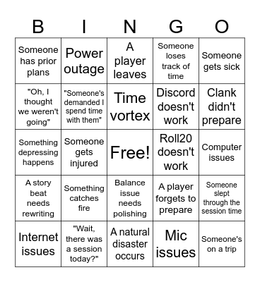 Calamity Bingo Card