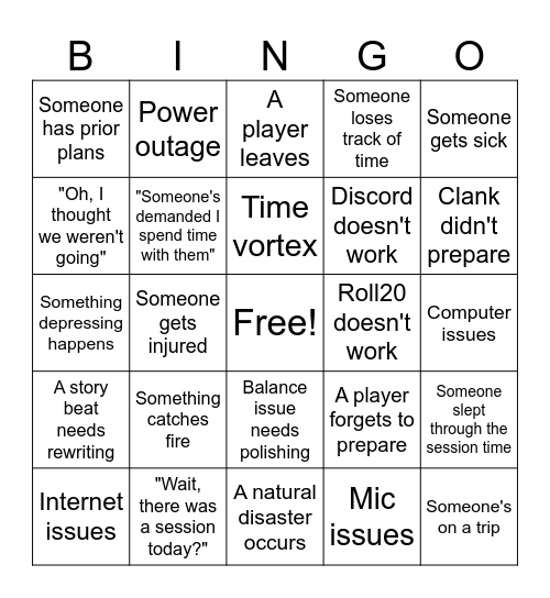 Calamity Bingo Card