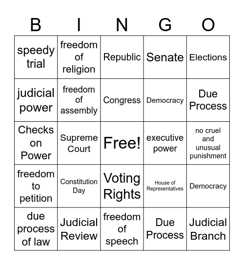 US Constitution Bingo Card