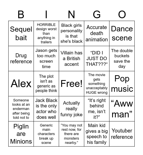 A Minecraft Movie Bingo Card