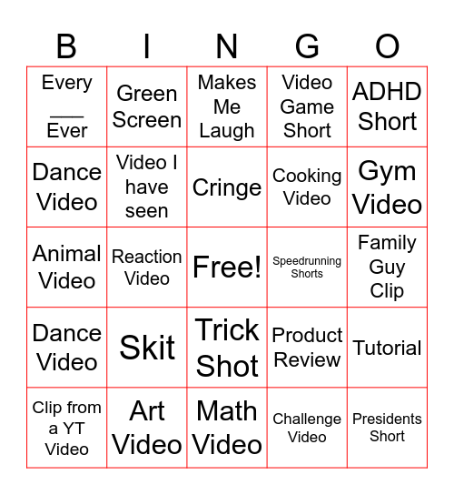 YT Shorts Bingo Card