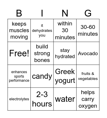 Sports Nutrition Bingo Card