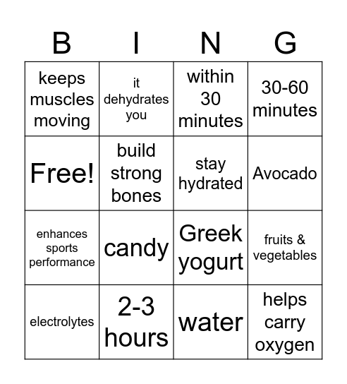 Sports Nutrition Bingo Card