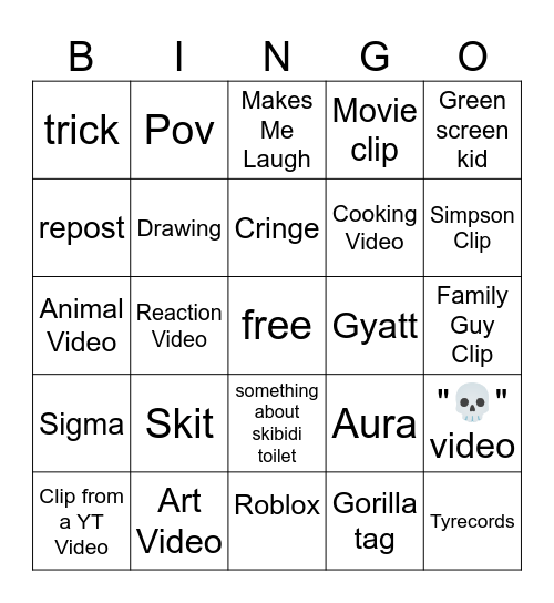 YT Shorts Bingo Card