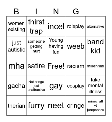 cringe Bingo Card