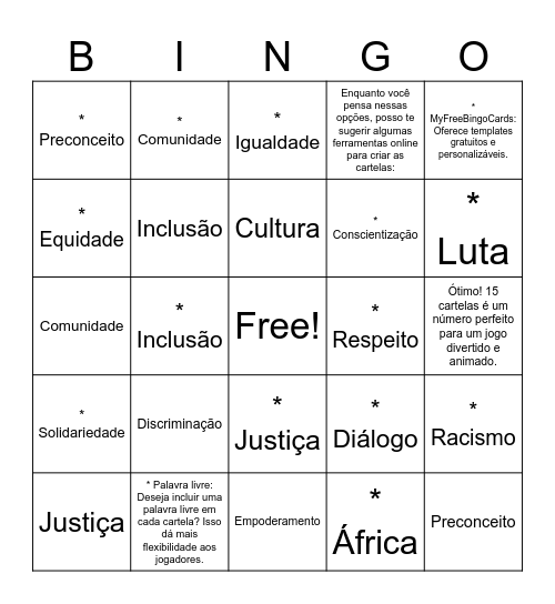 Combate ao Racismo Bingo Card