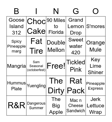 Bar Louie Bingo Card